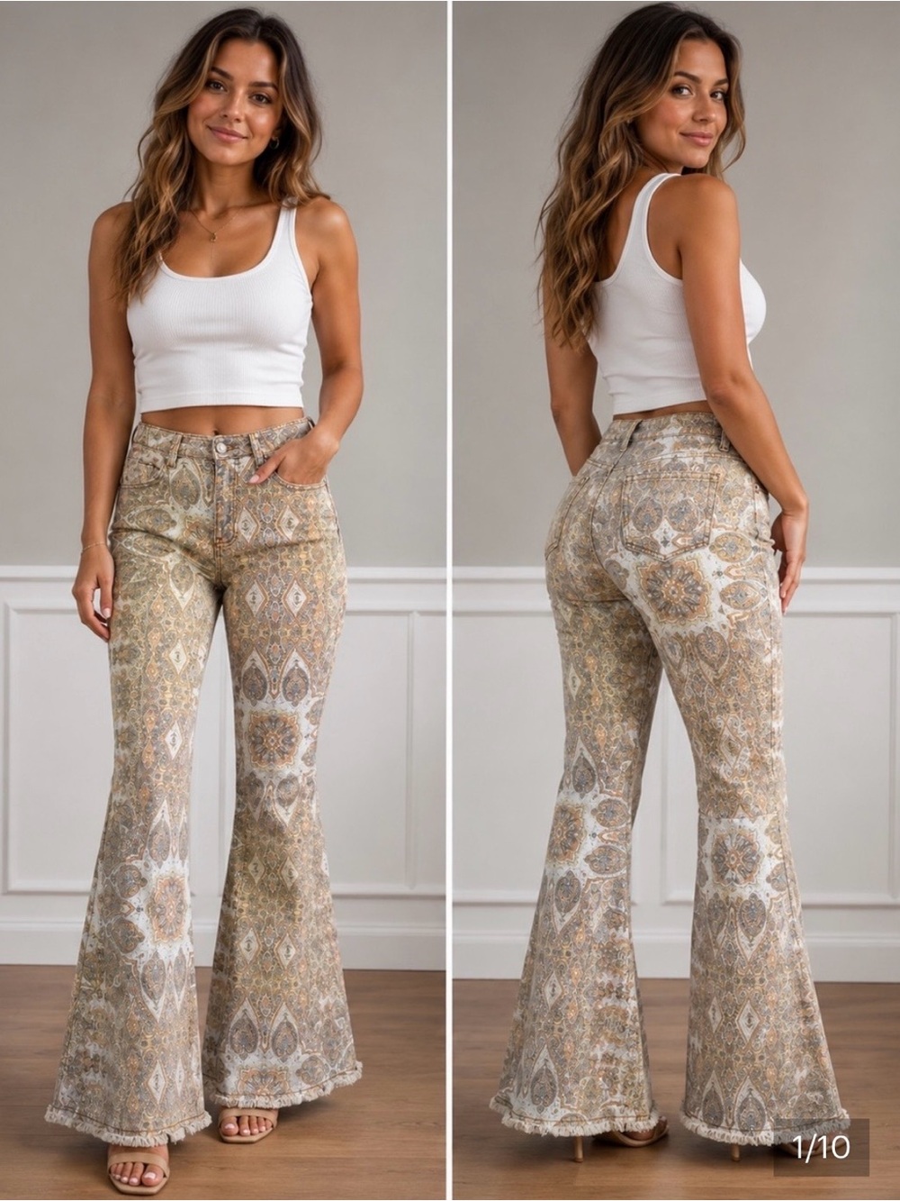 Paisley Wide-Leg Jeans in Beige
